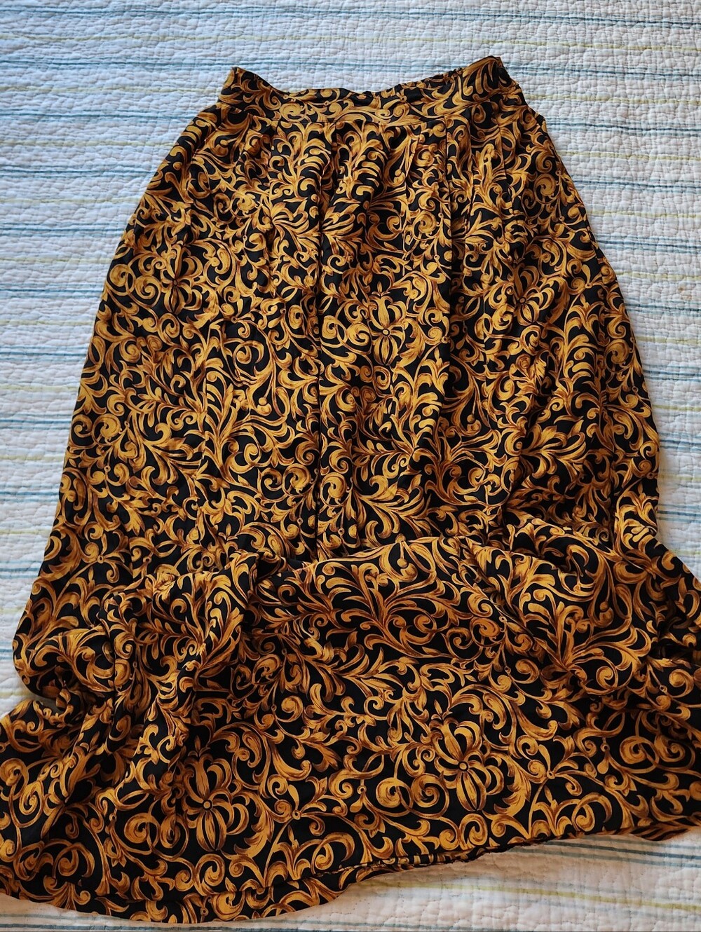 Vintage Black & Gold Maxi Skirt with Baroque Scroll Print